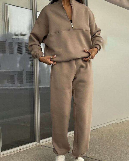 Relaxed Fit Zip-Up Sweater Set with Dropped Shoulder Sleeves & Stand Collar