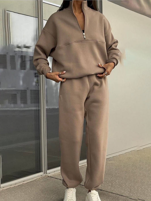 Cozy Zip-Up Sweater Set with Drop-Shoulder Style