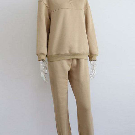 Relaxed Fit Zip-Up Sweater Set with Dropped Shoulder Sleeves & Stand Collar