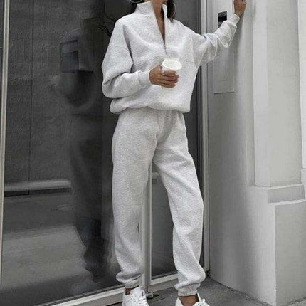 Relaxed Fit Zip-Up Sweater Set with Dropped Shoulder Sleeves & Stand Collar