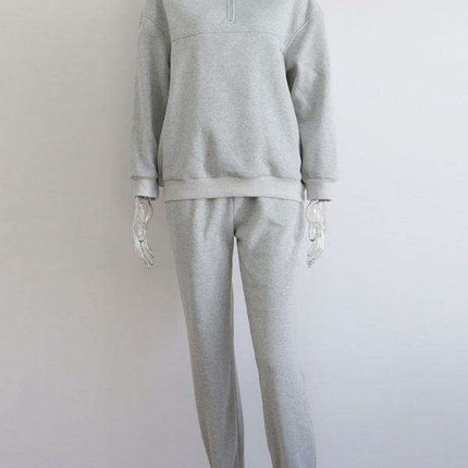 Relaxed Fit Zip-Up Sweater Set with Dropped Shoulder Sleeves & Stand Collar