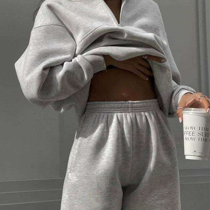 Relaxed Fit Zip-Up Sweater Set with Dropped Shoulder Sleeves & Stand Collar