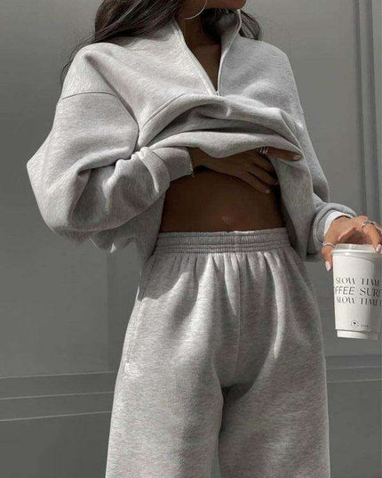 Relaxed Fit Zip-Up Sweater Set with Dropped Shoulder Sleeves & Stand Collar