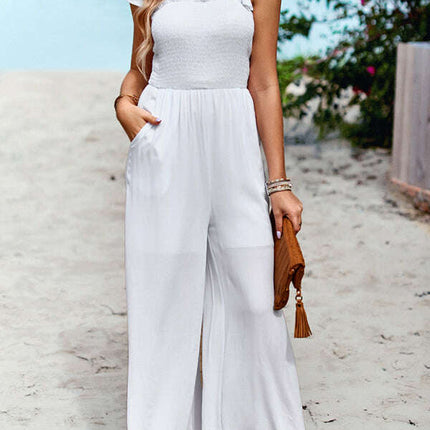 New temperament casual solid color high waist wrap chest suspender jumpsuit wide leg pants