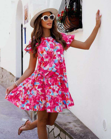 Floral Trumpet Sleeve Dress with Asymmetrical Hem - Effortless Chic for Any Event