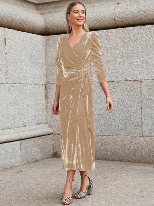 Opulent Gold Velvet French Chic Dress with Elegant Sleeves
