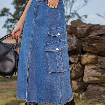 Casual Cargo Midi Denim Skirt with Elastic Waist and Flap Pocket