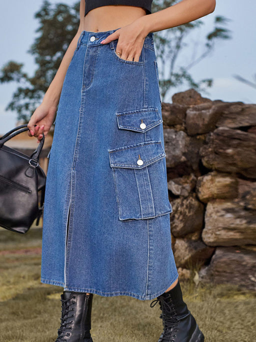 Elastic Waist Denim Cargo Midi Skirt with Flap Pocket