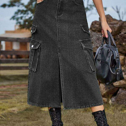 Casual Cargo Midi Denim Skirt with Elastic Waist and Flap Pocket