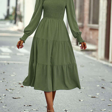 Elastic waist mid-length dress for casual vacation