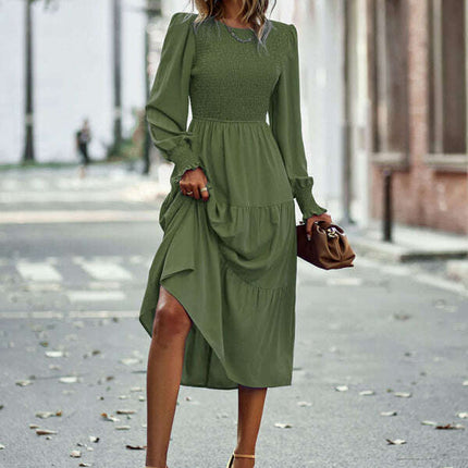 Elastic waist mid-length dress for casual vacation