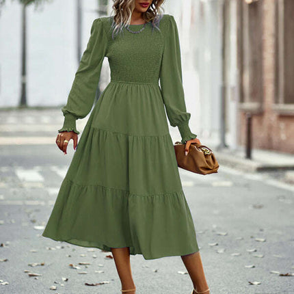 Elastic waist mid-length dress for casual vacation