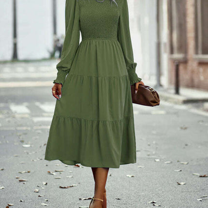 Elastic waist mid-length dress for casual vacation