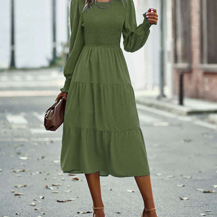 Elastic waist mid-length dress for casual vacation