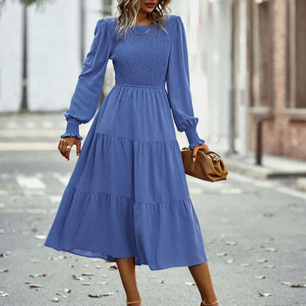 Elastic waist mid-length dress for casual vacation