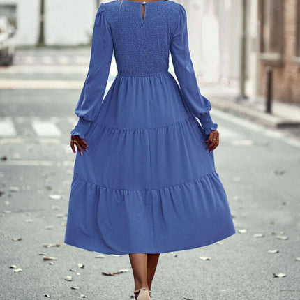 Elastic waist mid-length dress for casual vacation