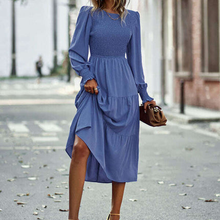 Elastic waist mid-length dress for casual vacation