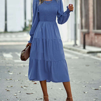 Elastic waist mid-length dress for casual vacation