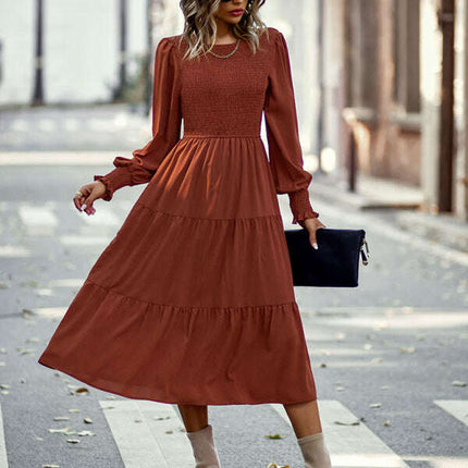 Elastic waist mid-length dress for casual vacation