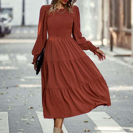 Elastic waist mid-length dress for casual vacation