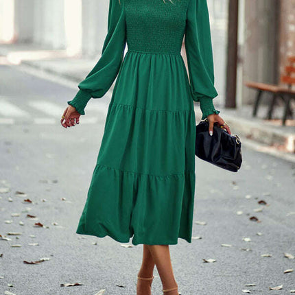 Elastic waist mid-length dress for casual vacation
