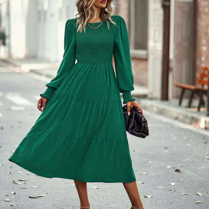 Elastic waist mid-length dress for casual vacation