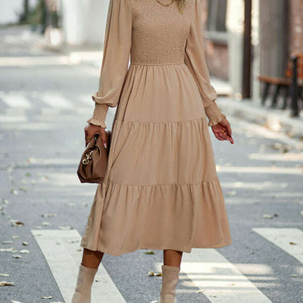 Elastic waist mid-length dress for casual vacation