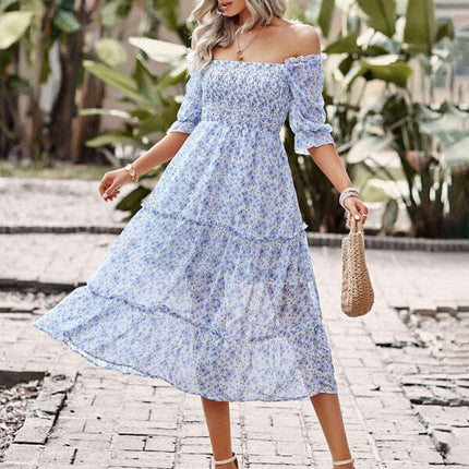 Puff Sleeve Narrow Waist Large Skirt Floral Print Dress