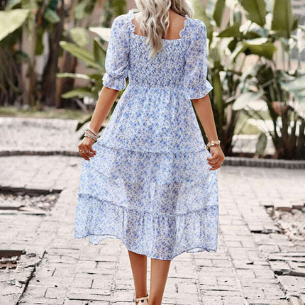Puff Sleeve Narrow Waist Large Skirt Floral Print Dress