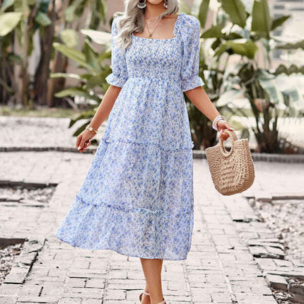 Puff Sleeve Narrow Waist Large Skirt Floral Print Dress