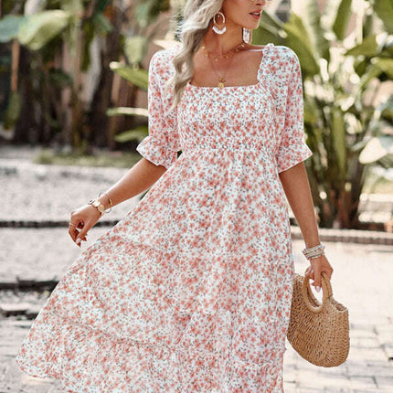 Puff Sleeve Narrow Waist Large Skirt Floral Print Dress