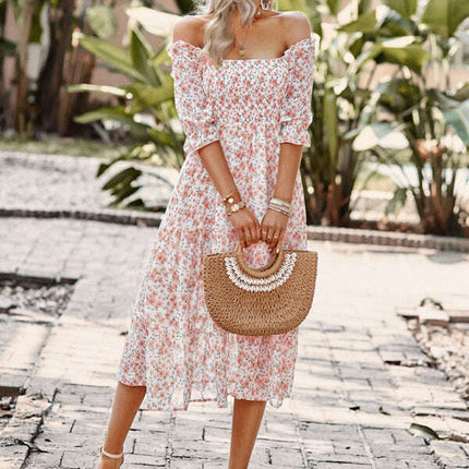 Puff Sleeve Narrow Waist Large Skirt Floral Print Dress