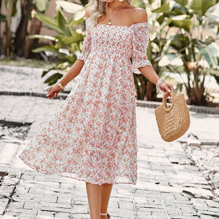 Puff Sleeve Narrow Waist Large Skirt Floral Print Dress