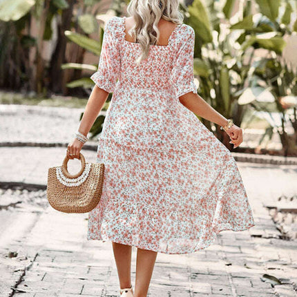 Puff Sleeve Narrow Waist Large Skirt Floral Print Dress