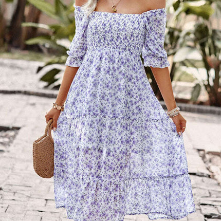 Puff Sleeve Narrow Waist Large Skirt Floral Print Dress