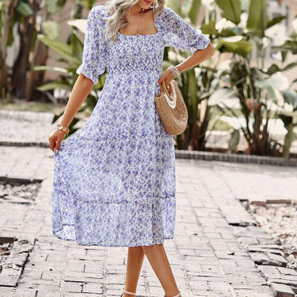 Puff Sleeve Narrow Waist Large Skirt Floral Print Dress