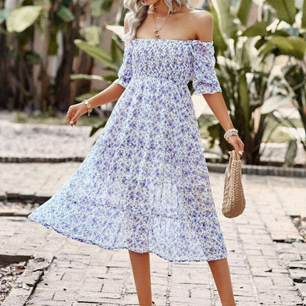 Puff Sleeve Narrow Waist Large Skirt Floral Print Dress