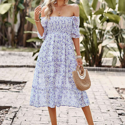 Puff Sleeve Narrow Waist Large Skirt Floral Print Dress
