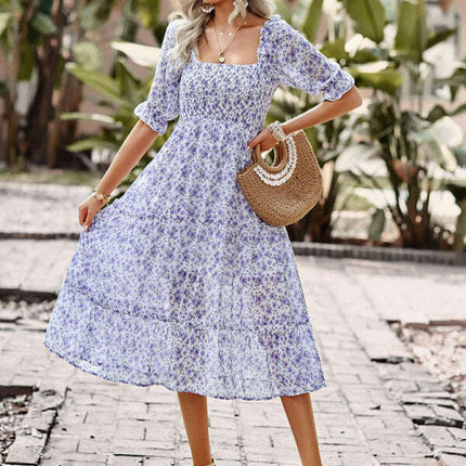 Puff Sleeve Narrow Waist Large Skirt Floral Print Dress