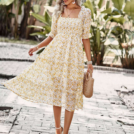Puff Sleeve Narrow Waist Large Skirt Floral Print Dress