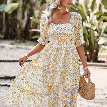 Puff Sleeve Narrow Waist Large Skirt Floral Print Dress