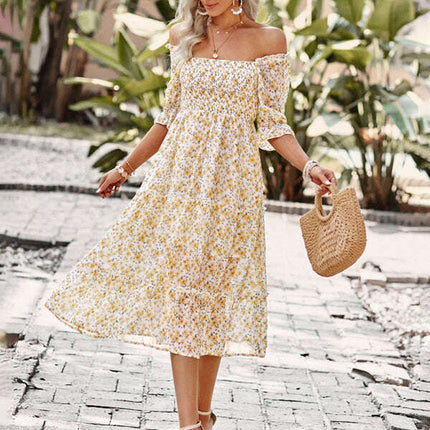 Puff Sleeve Narrow Waist Large Skirt Floral Print Dress