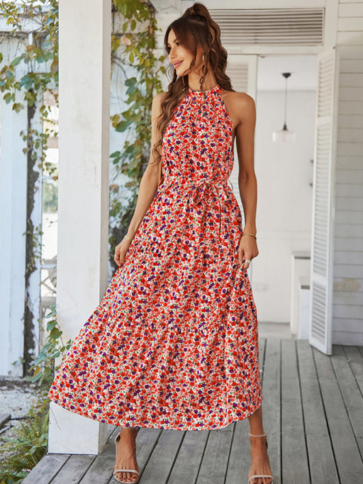 Multi-tiered floral-print resort dress with swing