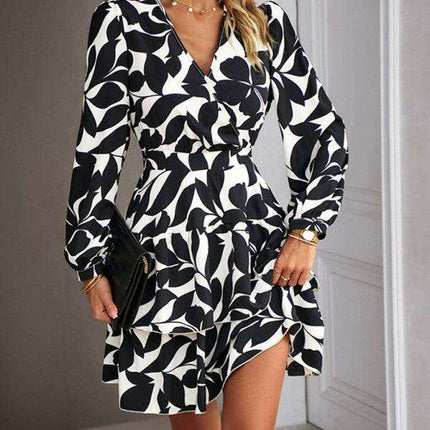 Elegant Women's V-Neck Printed Dress with a Flattering Fit