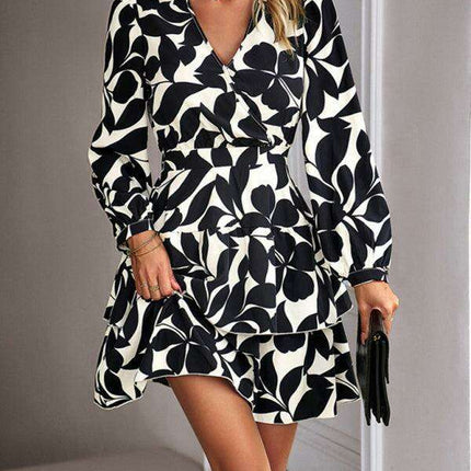 Elegant Women's V-Neck Printed Dress with a Flattering Fit