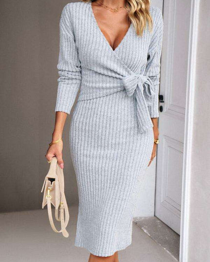 Chic Comfort: Women's V-Neck Knit Tie Dress for Effortless Style