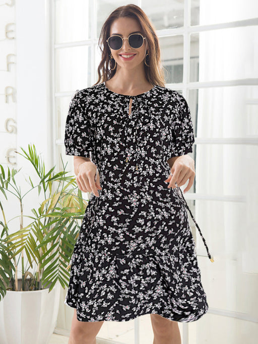 Spring Blossom High Waist Floral Dress with Puff Sleeves