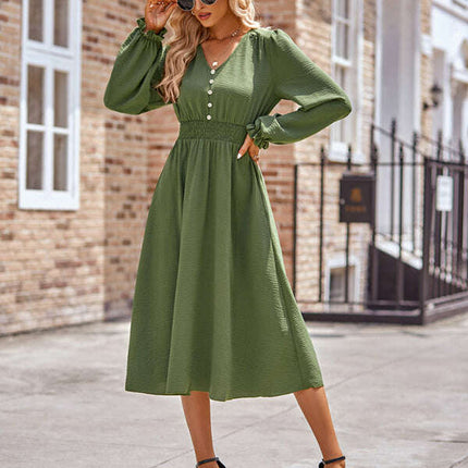 Women's V-neck waist solid color mid-length dress