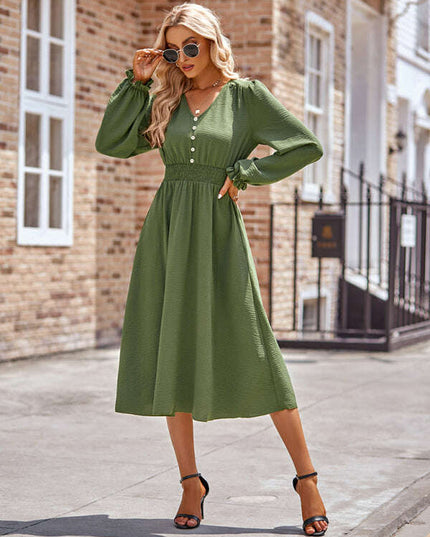 Women's V-neck waist solid color mid-length dress