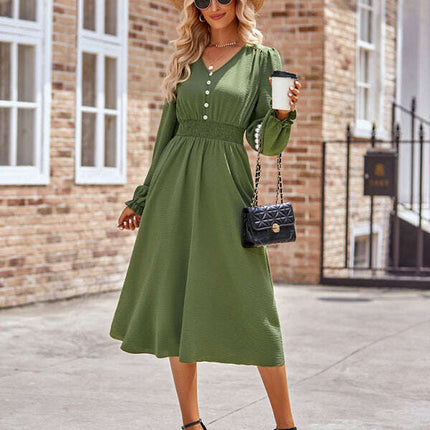 Women's V-neck waist solid color mid-length dress